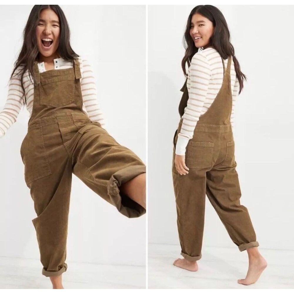 Aerie Werk & Play Corduroy Overalls Plus Size XS Brown Wide Leg Frayed‎ Hem Farm